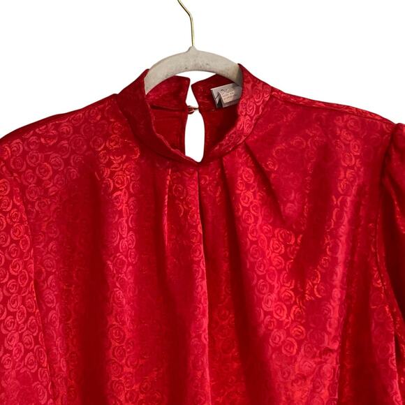 Vintage 70s Red Satin Roses Floral Shimmering Bishop Sleeve Blouse Size large - Picture 5 of 16
